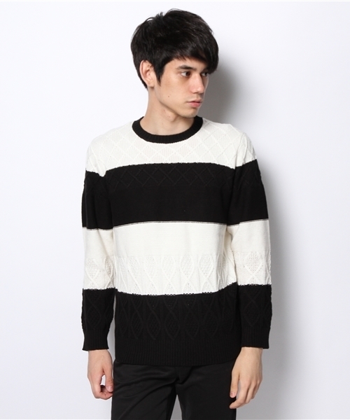 And A（アンドエー）の「ランダムケーブルボーダークルーネックニット（ニット/セーター・メンズ・ブラック/ブラウン・40/42/44）」の3枚目の写真
