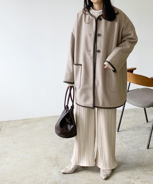 美品 ATON エイトン パイピング ガウン コート アウター ノーカラー 人気 美品 ATON エイトン パイピング ガウン コート アウター ノーカラー 人気