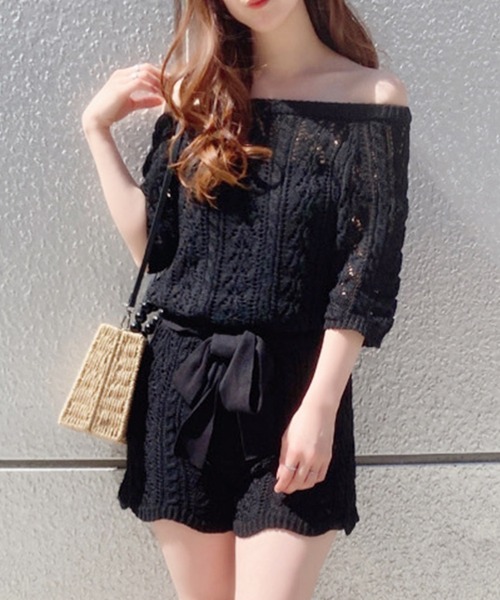 MIIA（ミーア）の「透かし編みオールインワン（つなぎ/オールインワン・レディース・パープル/オフホワイト/ブラック・FREE）」の2枚目の写真