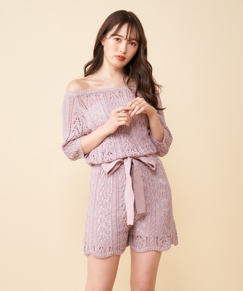 MIIA（ミーア）の「透かし編みオールインワン（つなぎ/オールインワン・レディース・パープル/オフホワイト/ブラック・FREE）」の4枚目の写真