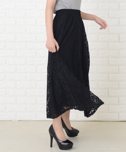 Lace Ladies(レースレディース)の「ウエストゴム仕様 花柄総レースロングスカート(スカート・レディース・ピンク/ブラック/ライトグリーン/グリーン/ワインレッド・FREE)」の11枚目の写真