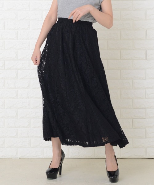 Lace Ladies(レースレディース)の「ウエストゴム仕様 花柄総レースロングスカート(スカート・レディース・ピンク/ブラック/ライトグリーン/グリーン/ワインレッド・FREE)」の12枚目の写真