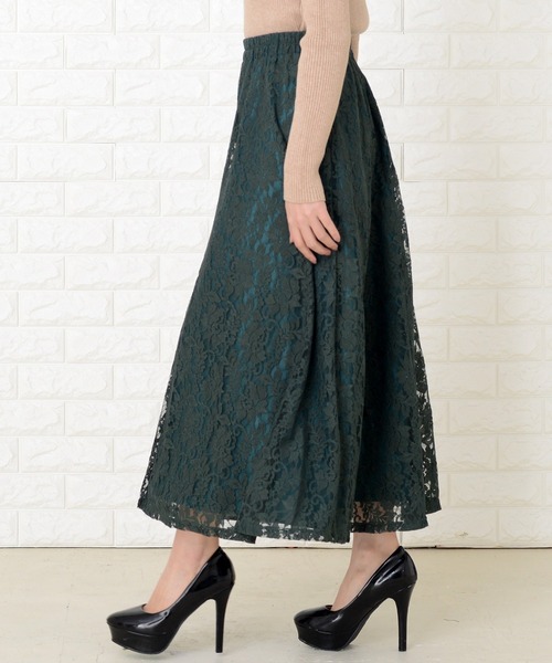 Lace Ladies(レースレディース)の「ウエストゴム仕様 花柄総レースロングスカート(スカート・レディース・ピンク/ブラック/ライトグリーン/グリーン/ワインレッド・FREE)」の17枚目の写真