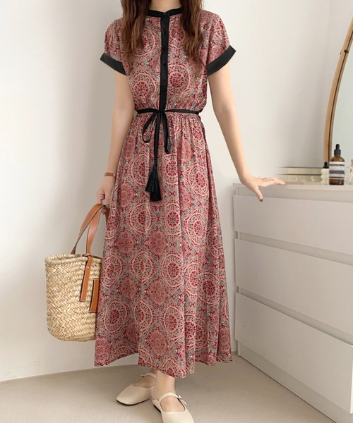 セール 配色切り替え ワンピース タッセルロングフレアワンピース ワンピース ワンピース ドレス Emi エミプラス のファッション