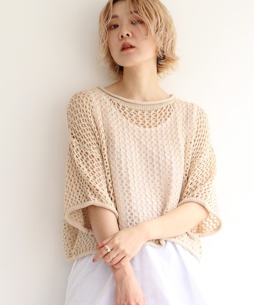 notch.（ノッチ）の「透かし編みショート半袖PO（ニット/セーター・レディース・オレンジ/ベージュ/ブラック/オフホワイト・M）」の3枚目の写真