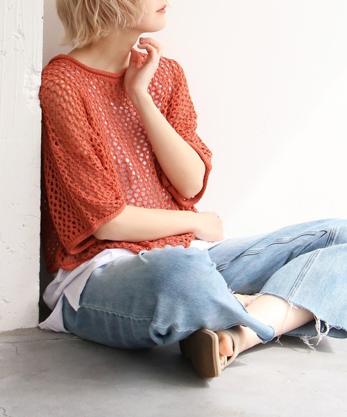 notch.（ノッチ）の「透かし編みショート半袖PO（ニット/セーター・レディース・オレンジ/ベージュ/ブラック/オフホワイト・M）」の4枚目の写真