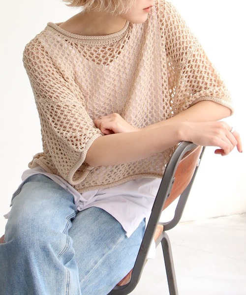 notch.（ノッチ）の「透かし編みショート半袖PO（ニット/セーター・レディース・オレンジ/ベージュ/ブラック/オフホワイト・M）」の19枚目の写真