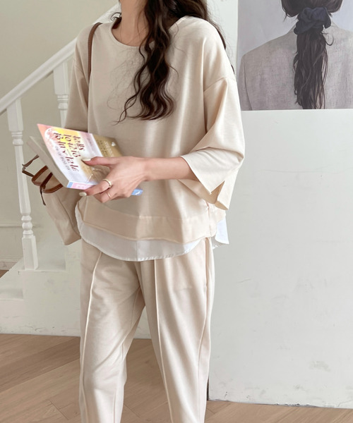 emi+（エミプラス）の「レイヤード風7分袖カットソー+センタープレスパンツセットアップ（セットアップ・レディース・グレー/ネイビー/ブラック/ブルー/ベージュ/チャコールグレー/ライトブルー/カーキ・S/M/L/XL）」の4枚目の写真