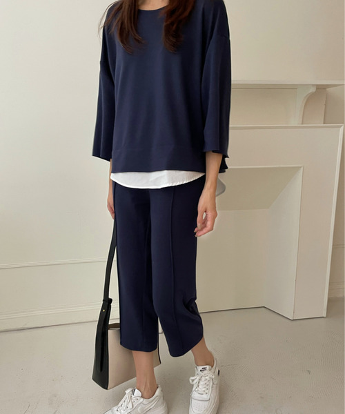 emi+（エミプラス）の「レイヤード風7分袖カットソー+センタープレスパンツセットアップ（セットアップ・レディース・グレー/ネイビー/ブラック/ブルー/ベージュ/チャコールグレー/ライトブルー/カーキ・S/M/L/XL）」の20枚目の写真