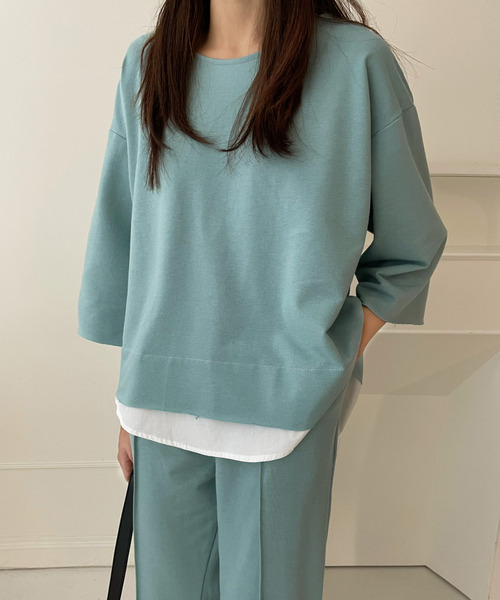 emi+（エミプラス）の「レイヤード風7分袖カットソー+センタープレスパンツセットアップ（セットアップ・レディース・グレー/ネイビー/ブラック/ブルー/ベージュ/チャコールグレー/ライトブルー/カーキ・S/M/L/XL）」の17枚目の写真