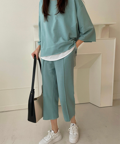 emi+（エミプラス）の「レイヤード風7分袖カットソー+センタープレスパンツセットアップ（セットアップ・レディース・グレー/ネイビー/ブラック/ブルー/ベージュ/チャコールグレー/ライトブルー/カーキ・S/M/L/XL）」の16枚目の写真