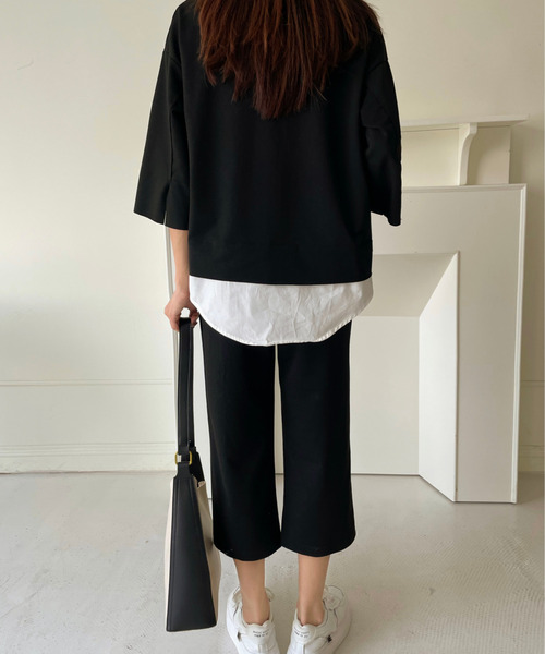 emi+（エミプラス）の「レイヤード風7分袖カットソー+センタープレスパンツセットアップ（セットアップ・レディース・グレー/ネイビー/ブラック/ブルー/ベージュ/チャコールグレー/ライトブルー/カーキ・S/M/L/XL）」の15枚目の写真