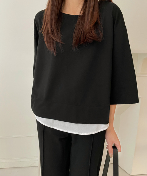 emi+（エミプラス）の「レイヤード風7分袖カットソー+センタープレスパンツセットアップ（セットアップ・レディース・グレー/ネイビー/ブラック/ブルー/ベージュ/チャコールグレー/ライトブルー/カーキ・S/M/L/XL）」の14枚目の写真