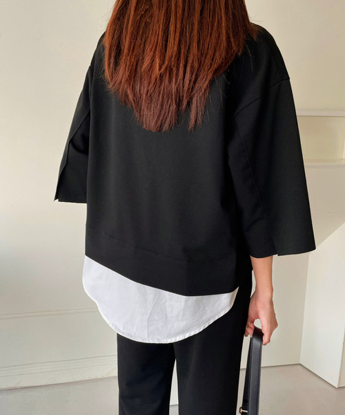 emi+（エミプラス）の「レイヤード風7分袖カットソー+センタープレスパンツセットアップ（セットアップ・レディース・グレー/ネイビー/ブラック/ブルー/ベージュ/チャコールグレー/ライトブルー/カーキ・S/M/L/XL）」の12枚目の写真