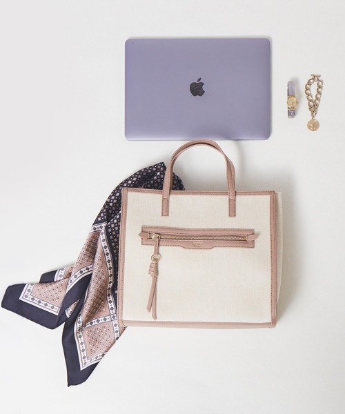 LOWELL things(ロウェル シングス)の「Carre/ファブリックフロントファスナ-2WAY BAG(トートバッグ・レディース・ブラウン/アイボリー/ダークベージュ・フリー)」の2枚目の写真