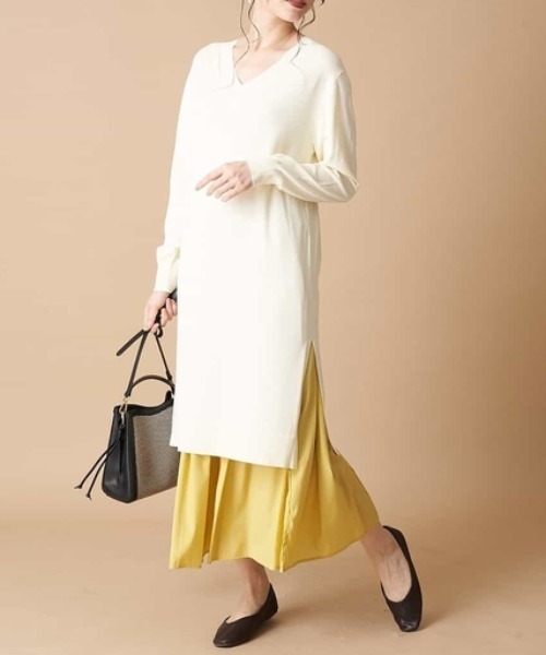 セール Web限定 ワンピース 洗濯機で洗える 2点セット Vネックニットチュニック ロングスカート ワンピース Ofuon オフオン のファッション