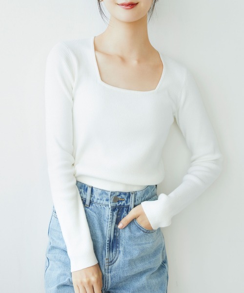 SAISON DE PAPILLON（セゾンドパピヨン）の「タイトシルエットスクエアネックニットプルオーバー（ニット/セーター・レディース・ブラック/ネイビー/ホワイト/ブラウン/パープル・L/M）」の19枚目の写真