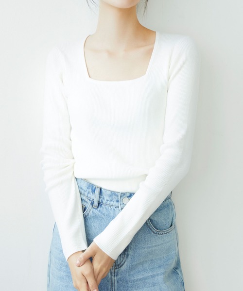 SAISON DE PAPILLON（セゾンドパピヨン）の「タイトシルエットスクエアネックニットプルオーバー（ニット/セーター・レディース・ブラック/ネイビー/ホワイト/ブラウン/パープル・L/M）」の21枚目の写真