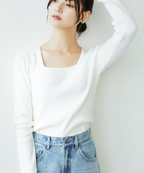 SAISON DE PAPILLON（セゾンドパピヨン）の「タイトシルエットスクエアネックニットプルオーバー（ニット/セーター・レディース・ブラック/ネイビー/ホワイト/ブラウン/パープル・L/M）」の22枚目の写真