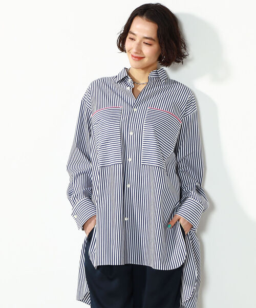 Rie Miller(リエミラー)の「レギュラーカラーチュニック丈ストライプシャツ(シャツ/ブラウス・レディース・ブルー系その他3/グリーン系その他3/レッド系その他3・38)」の3枚目の写真