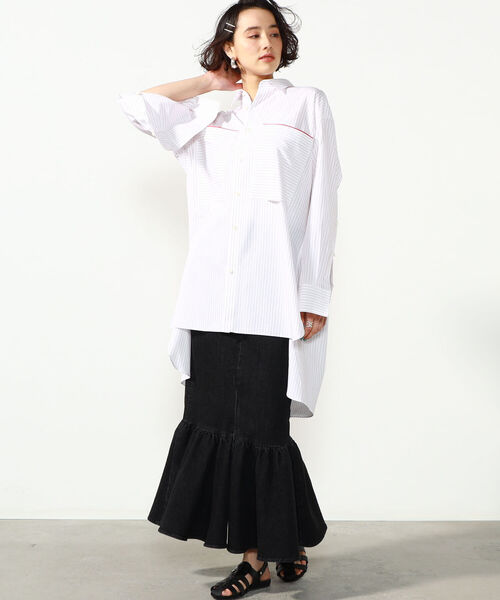 Rie Miller(リエミラー)の「レギュラーカラーチュニック丈ストライプシャツ(シャツ/ブラウス・レディース・ブルー系その他3/グリーン系その他3/レッド系その他3・38)」の14枚目の写真