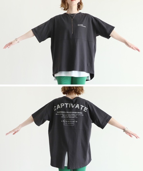 reca(レカ)の「バッグスリットロゴチュニック(Tシャツ/カットソー・レディース・チャコールグレー/オフホワイト/グリーン/グレイッシュベージュ・FREE)」の8枚目の写真