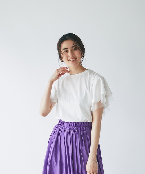 un dix cors（アンディコール）の「大人フェミニン　チュールフレアスリーブカットソー（Tシャツ/カットソー・レディース・ブラック/ベージュ/オフホワイト・FREE）」の10枚目の写真