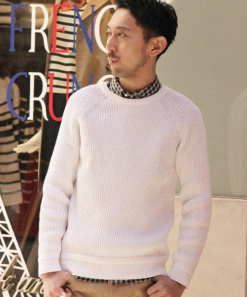 EDIFICE（エディフィス）の「◇J.KNIT ワッフル クルーネックニット（ニット/セーター・メンズ・ネイビー/ホワイト・44/46/48）」の2枚目の写真