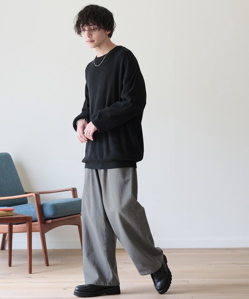 セール】ルーズストレートタックカラーワイドデニムパンツ