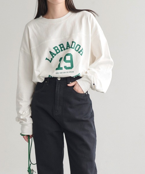 Labrador Retriever(ラブラドールリトリーバー)の「Labrador Retriever/ラブラドールレトリーバー 別注フットボールロングTシャツ(Tシャツ/カットソー・レディース・ホワイト/グリーン/アイボリー/スミクロ・FREE)」の13枚目の写真