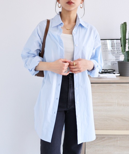 andme（アンドミー）の「選べる無地ストライプ長袖ロングシャツワンピース（シャツワンピース・レディース・ホワイト/サックスブルー/ホワイト×グリーン/ホワイト×ブルー/キャメル/ホワイト×パープル/ホワイト×ライトグレー・M/L）」の7枚目の写真