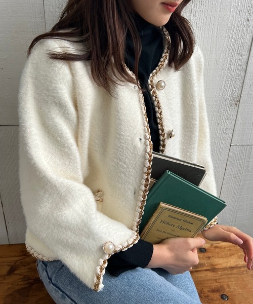 Lamoa（ラモア）の「Lamoa/パールボタン ノーカラー ファージャケット（ノーカラージャケット・レディース・ホワイト/ブラック・FREE）」の12枚目の写真