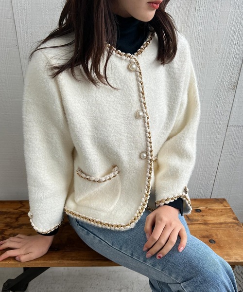 Lamoa（ラモア）の「Lamoa/パールボタン ノーカラー ファージャケット（ノーカラージャケット・レディース・ホワイト/ブラック・FREE）」の3枚目の写真