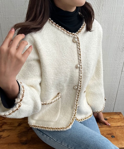 Lamoa（ラモア）の「Lamoa/パールボタン ノーカラー ファージャケット（ノーカラージャケット・レディース・ホワイト/ブラック・FREE）」の21枚目の写真