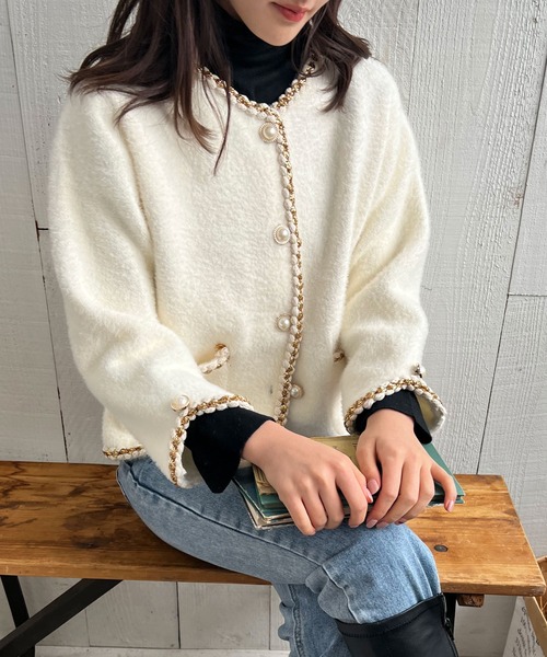 Lamoa（ラモア）の「Lamoa/パールボタン ノーカラー ファージャケット（ノーカラージャケット・レディース・ホワイト/ブラック・FREE）」の8枚目の写真