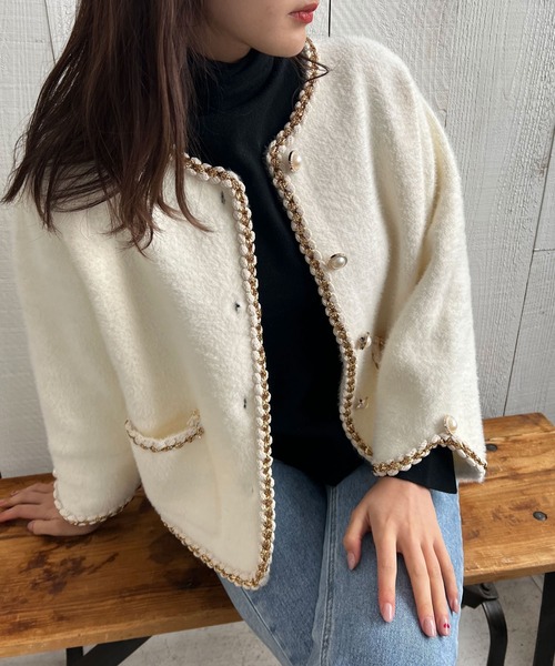 Lamoa（ラモア）の「Lamoa/パールボタン ノーカラー ファージャケット（ノーカラージャケット・レディース・ホワイト/ブラック・FREE）」の13枚目の写真