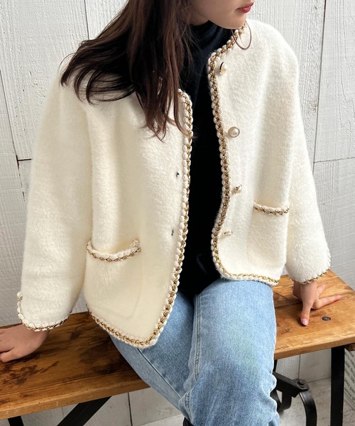 Lamoa（ラモア）の「Lamoa/パールボタン ノーカラー ファージャケット（ノーカラージャケット・レディース・ホワイト/ブラック・FREE）」の22枚目の写真