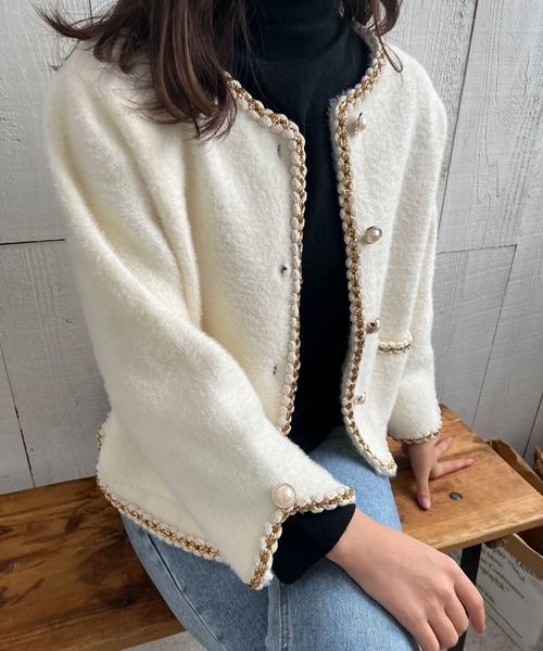 Lamoa（ラモア）の「Lamoa/パールボタン ノーカラー ファージャケット（ノーカラージャケット・レディース・ホワイト/ブラック・FREE）」の18枚目の写真