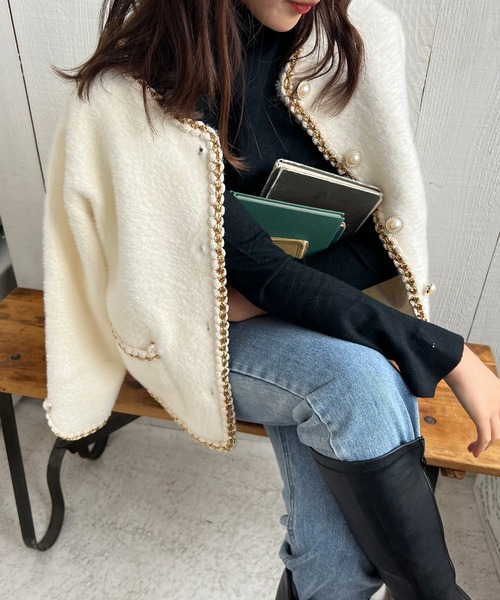 Lamoa（ラモア）の「Lamoa/パールボタン ノーカラー ファージャケット（ノーカラージャケット・レディース・ホワイト/ブラック・FREE）」の14枚目の写真