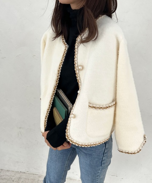 Lamoa（ラモア）の「Lamoa/パールボタン ノーカラー ファージャケット（ノーカラージャケット・レディース・ホワイト/ブラック・FREE）」の5枚目の写真