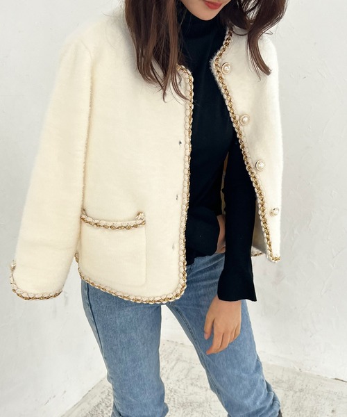 Lamoa（ラモア）の「Lamoa/パールボタン ノーカラー ファージャケット（ノーカラージャケット・レディース・ホワイト/ブラック・FREE）」の19枚目の写真