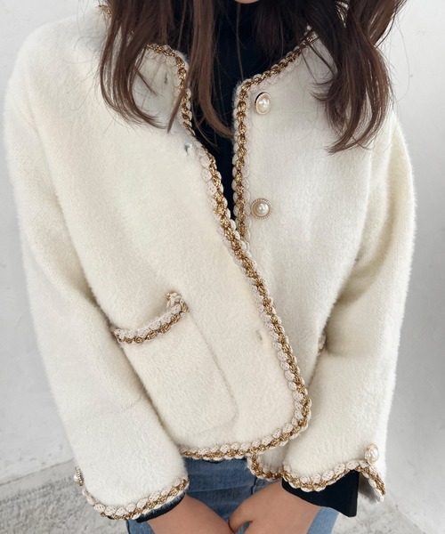 Lamoa（ラモア）の「Lamoa/パールボタン ノーカラー ファージャケット（ノーカラージャケット・レディース・ホワイト/ブラック・FREE）」の10枚目の写真