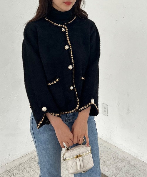 Lamoa（ラモア）の「Lamoa/パールボタン ノーカラー ファージャケット（ノーカラージャケット・レディース・ホワイト/ブラック・FREE）」の6枚目の写真