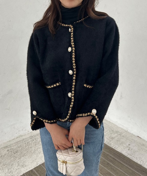 Lamoa（ラモア）の「Lamoa/パールボタン ノーカラー ファージャケット（ノーカラージャケット・レディース・ホワイト/ブラック・FREE）」の7枚目の写真