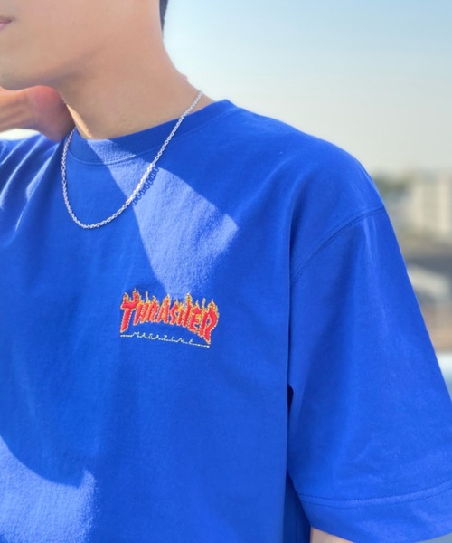 THRASHER(スラッシャー)の「【ムラサキスポーツ別注】THRASHER/スラッシャー ワンポイントロゴTシャツ 刺繍ロゴ/オーバーサイズ クルーネックTシャツ/THMM-002 FLAME(Tシャツ/カットソー・メンズ・グリーン系その他/ブルー系その他/ブラック×イエロー/ホワイト×パープル・M/L/XL)」の14枚目の写真