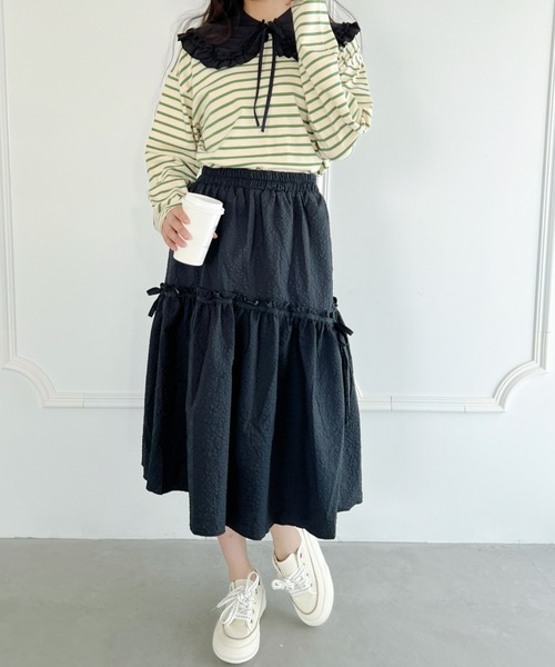 Loueme（ルエム）の「【23S/S】サイドリボンふくれジャガードフレアスカート（スカート・レディース・ホワイト/アイボリー/ブラック・FREE）」の9枚目の写真