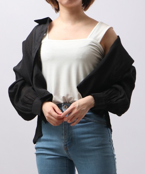 PHEENY 黒 キャミソール 日本製 PHEENY/COTTON SHIRRING CAMISOLE(BLACK)