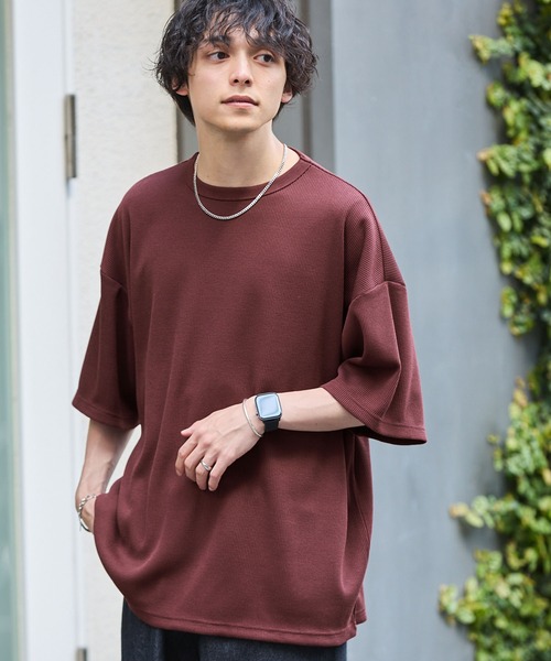 MONO-MART(モノマート)の「度詰めドライタッチワッフル ルーズS/Sカットソー(Tシャツ/カットソー・メンズ・チャコール/バーガンディー/杢グレー/オートミール/グリーン/ネイビー/ベージュ/ブラック/ライトブルー・S/M/L)」の12枚目の写真