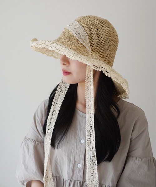 【新品】ハンドメイド　一点物　リボン　麦わら帽子　ベール　レース 新品】ハンドメイド 一点物 リボン 麦わら帽子 ベール レース