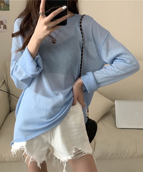 gossip!ロサンゼルス(ゴシップロサンゼルス)の「YUGA シアー ルーズシルエットトップス(Tシャツ/カットソー・レディース・ホワイト/ブラック/ブルー/ライトグリーン/パープル/イエロー・FREE)」の4枚目の写真